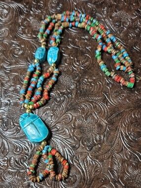 Handmade Multicolor Bead Necklace with Turquoise Color Scarab Pendant